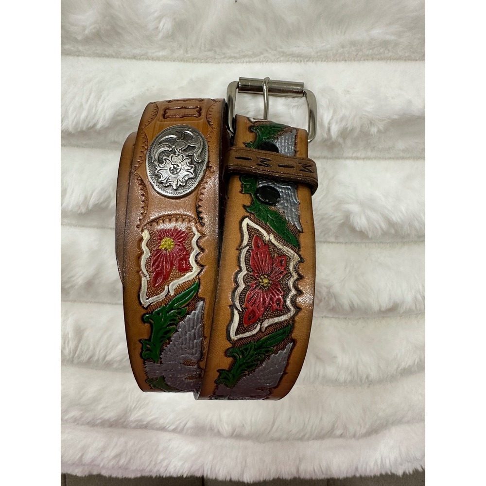 Unbranded Hand Tooled Leather Belt Women Small Tan Good Painted Eagle Floral